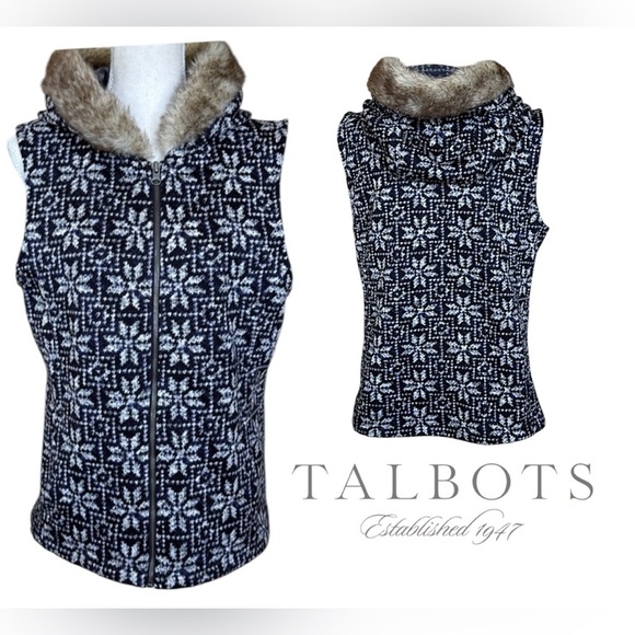 Talbots Navy Blue Nordic Fair Isle Snowflake Sweater Vest Fur Trim Hood Zip Up - Picture 1 of 13